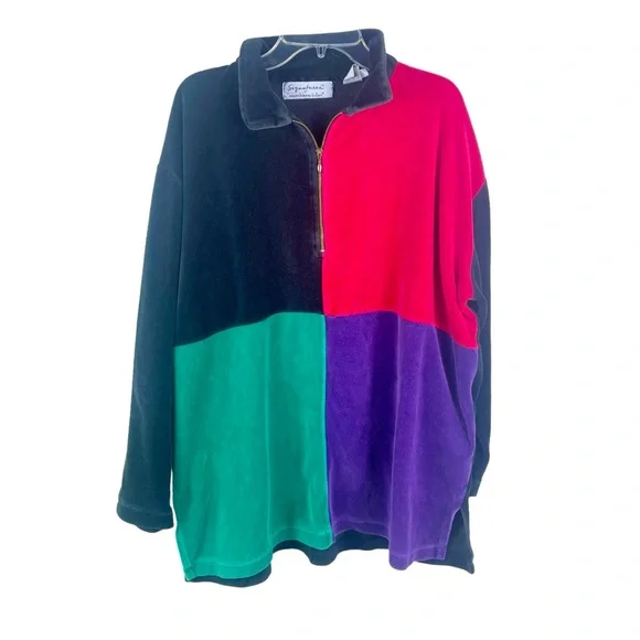Vintage Retro 80's/90's Velvety Velour Color Block 3/4 Zip Pullover Sweatshirt - Picture 1 of 14